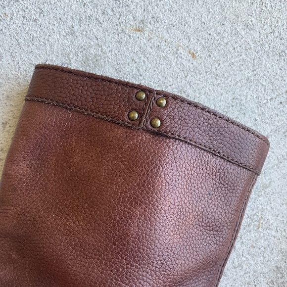 Miss Sixty Leather Brown Wood Heeled Boots 6.5 Narrow Chunky 90s Mid Calf Retro - Picture 2 of 8